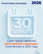 Представить декларацию о доходах, полученных в 2025 году, необходимо до 30 апреля 2026 года